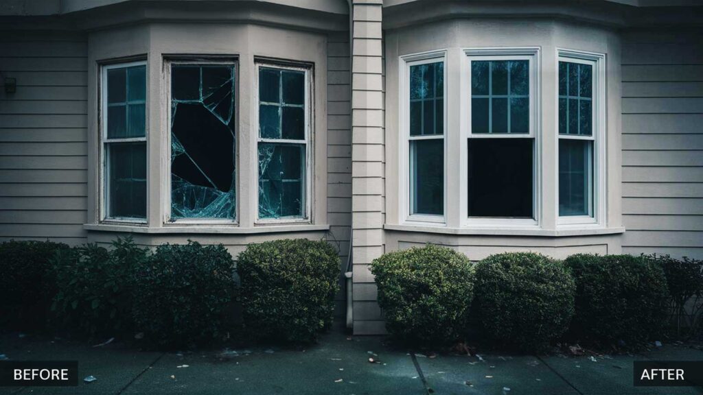 A before and after image of the exterior of a house with a broken bow front window and a repaired window.