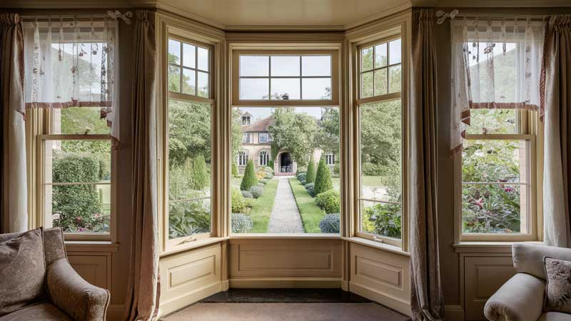 An interior view of a room with a beautiful bow front window.