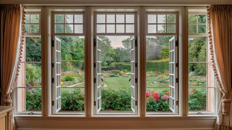 An interior view of a room with casement windows.