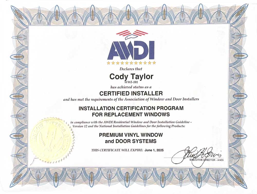 Cody Taylor's AWDI certified installer certification.