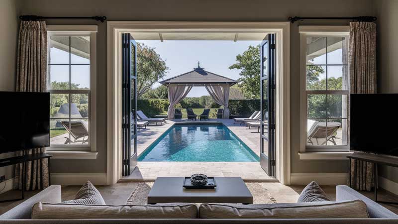 An interior view of a room with double hung windows.