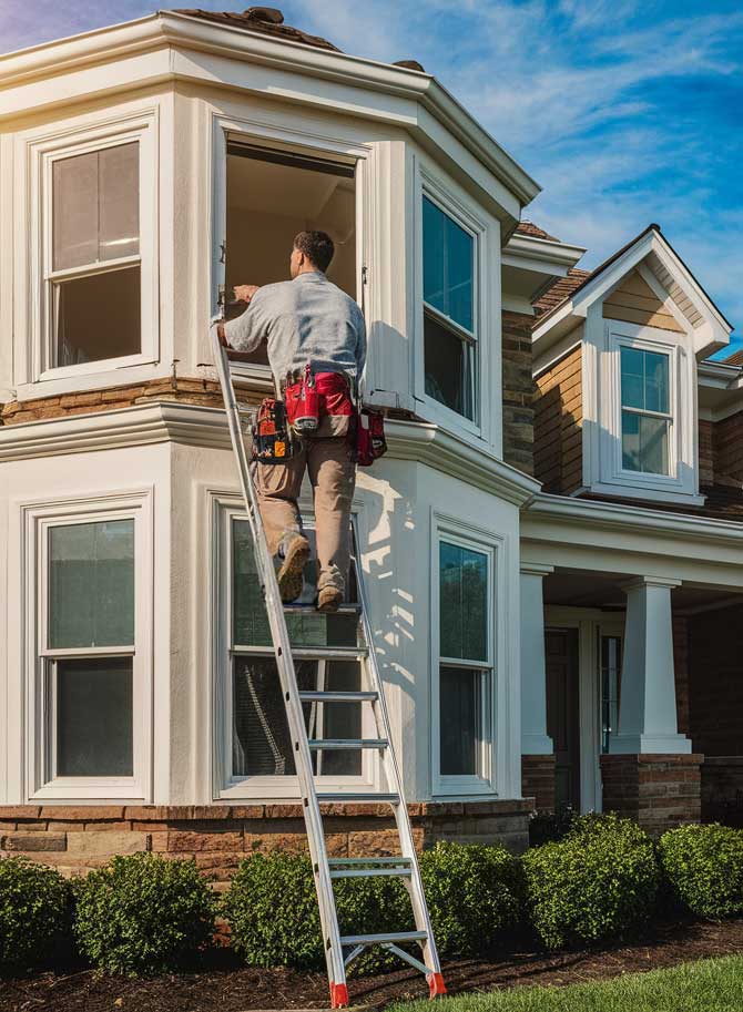 A man on a ladder replacing a window on the second floor of a house. 