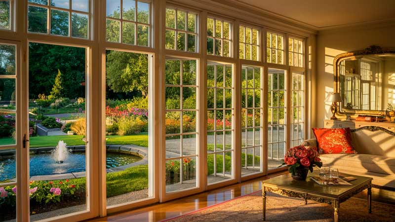 An interior view of a room with a row of picture windows.