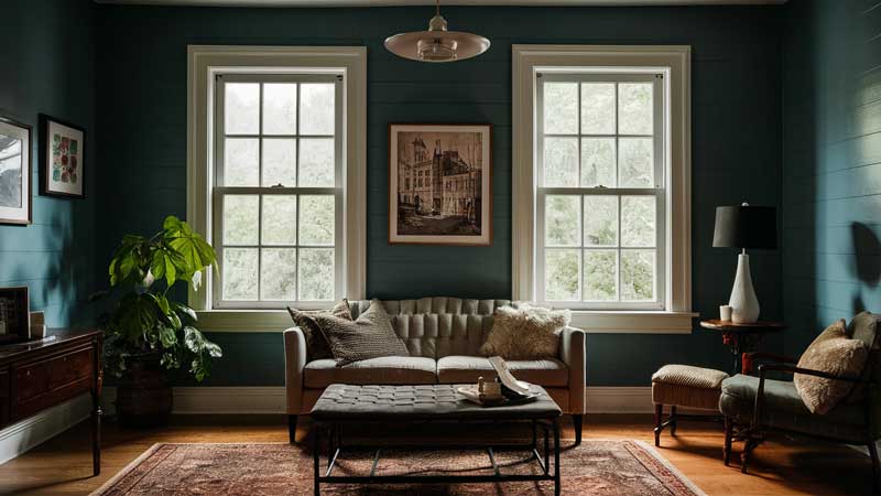 An interior view of a room with single hung windows.