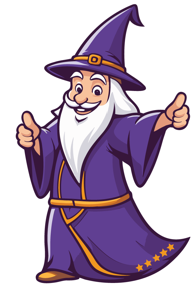 A cute wizard wearing a purple robe hold both thumbs up!